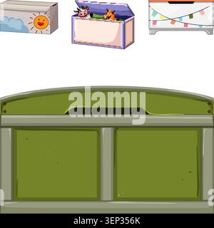 Different types of containers designed for children's playthings, featuring an open chest with stuffed animals and closed boxes with cheerful decor, h Stock Vector