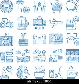 Set of doodle line icons illustrating various smart technology, artificial intelligence, research, and modern industry concepts, including agriculture Stock Vector