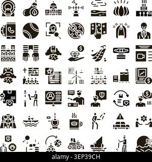 Collection of solid glyph icons representing diverse concepts including technology, nature, finance, education, communication, and human interaction, Stock Vector