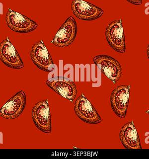 pattern tomato cut hand drawn vector. vegetable red food, slice ingredient, half healthy, organic ripe tomatoes, natural fresh raw tomato cut sketch. Stock Vector