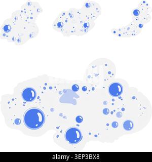 White cleansing foam with varying blue liquid droplets and splashes, evoking freshness, hygiene and purity for cleaning, bathing, shampoo and sanitati Stock Vector