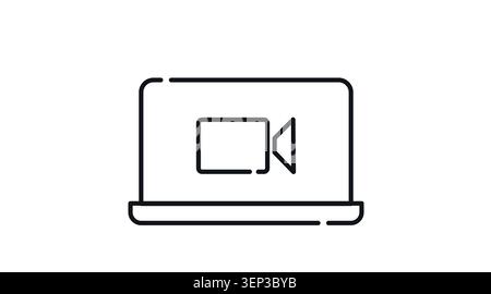 Laptop video and streaming icon: portable notebook computer displaying media player button on screen, minimalist black line art vector illustration. Stock Vector