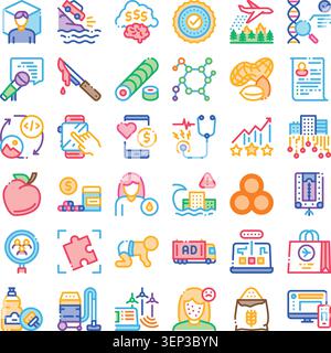 Variety of digital icons illustrating medical care, research, technological solutions, health conditions, and environmental concerns for modern infogr Stock Vector