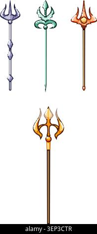 Different magical fantasy tridents and staffs featuring various designs and materials, making a versatile collection of mythical weapons and mystic sy Stock Vector