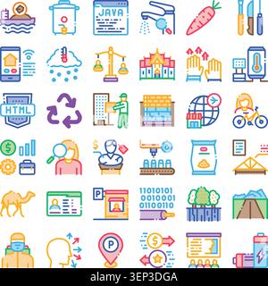 Set of diverse vector icons depicting technology, industry, environment, travel, and business concepts, offering a wide range of visual representation Stock Vector