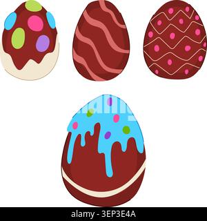 Four colorful chocolate eggs displaying different festive patterns and sweet toppings, creating a delicious assortment of seasonal confectionery for v Stock Vector