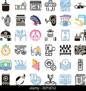 Variety of flat line and solid glyph icons illustrating different aspects of modern life, including health, entertainment, business, environment, and Stock Vector
