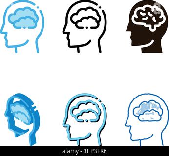 Mainly Cloudy Clouds In Man Silhouette Mind Vector Icon Thin Line. Gear And Brain, Heart And Shield, set Padlock And Magnifier Stock Vector