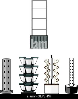 Vertical garden systems showcasing modern hydroponic and aeroponic planters for efficient urban cultivation, maximizing space and promoting sustainabl Stock Vector