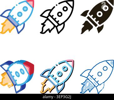 Flying Rocket Spaceship Agile Element Vector Icon Thin Line. Agile modern Gear And Document, Sandglass And Package, Loud-speaker And Stop Watch Stock Vector