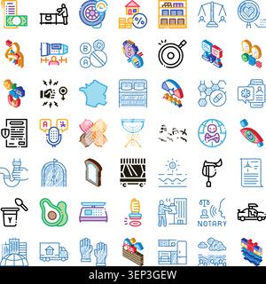 Assortment of colorful and outline isometric icons representing various essential concepts including business, finance, healthcare, law, family, and h Stock Vector