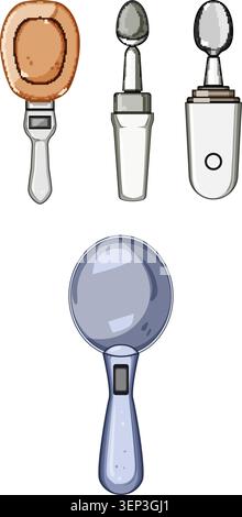 Collection of conceptual smart spoons and ice cream scoops with integrated digital displays and technological features, visualizing innovation in kitc Stock Vector