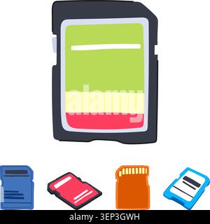 Collection of colorful sd and microsd memory cards in various sizes and colors on white background, symbolizing portable digital storage, data transfe Stock Vector