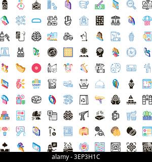 Variety of flat and glyph style icons illustrating concepts related to business, finance, technology, communication, healthcare, and daily life, arran Stock Vector