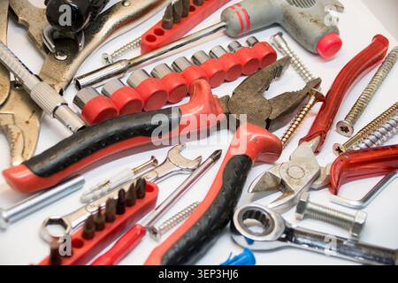 Various hand tools close up,selective focus. Stock Photo