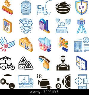 Collection of numerous various icons depicting different concepts and scenarios like natural disasters, health, technology, everyday objects, and huma Stock Vector