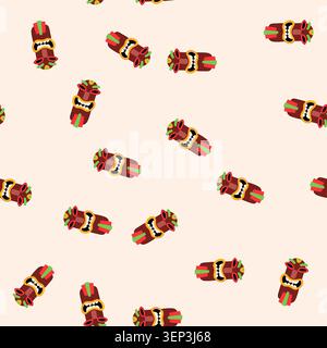 pattern hawaii tiki mask cartoon. totem african, hawaiian statue, head polynesian hawaii tiki mask sign. seamless vector illustration Stock Vector