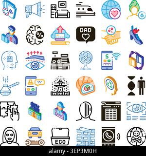 Displaying a comprehensive collection of isometric icons representing various concepts, symbols, and elements of business, technology, lifestyle, and Stock Vector