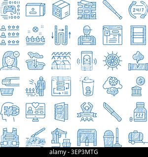 Hand drawn blue doodle style sketch icons collection depicting various business, service, medical, gaming, and infrastructure concepts for infographic Stock Vector