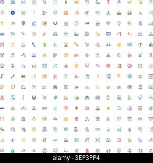 Large collection of diverse flat design vector icons covering various themes including business, technology, social concepts, objects, healthcare, and Stock Vector