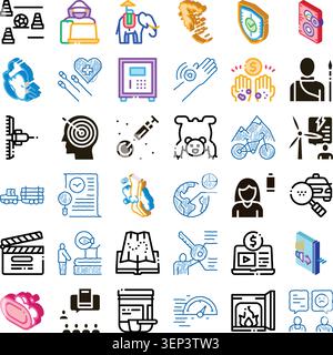 Set of vector doodle line icons illustrating a wide range of global concepts, including technology, healthcare, communication, nature, money, safety, Stock Vector