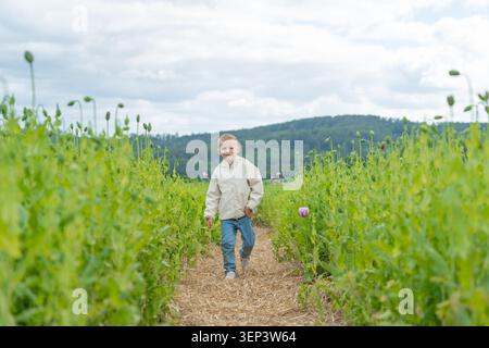 Wide landscape view of a small boy walking down a long dirt path in a vast green field with hills in the background. Perfect representation of solo Stock Photo