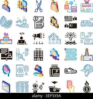 Diverse collection of line and isometric icons representing various concepts across business, technology, finance, industry, health, communication, ed Stock Vector