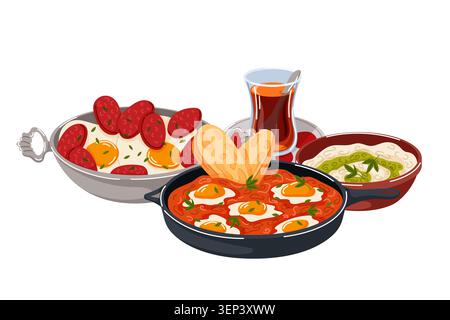 Turkish breakfast with menemen, fried eggs with sucuk, cheese plate and black tea. Traditional cuisine illustration for menu in cartoon style. Stock Vector