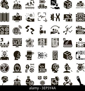 Set of glyph icons illustrating various concepts across business, technology, finance, retail, industry, and medical fields, depicting modern processe Stock Vector