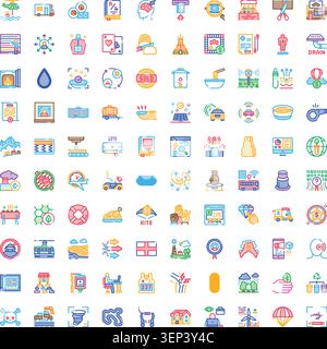 Diverse series of colorful flat design outline icons representing a wide range of common objects, activities, concepts, and abstract ideas on a clean Stock Vector