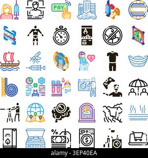 Set of assorted linear vector icons illustrating various subjects including medical procedures, digital technology, financial transactions, travel, an Stock Vector