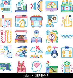 Diverse set of essential icon concepts, including data analysis, communication, medical care, technology, travel, sport, and personal well being, suit Stock Vector