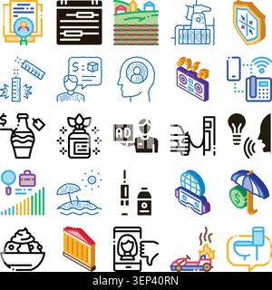 Set of different doodle style vector icons illustrating diverse concepts related to business, financial planning, virtual reality, artificial intellig Stock Vector