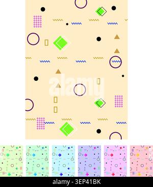 Abstract design incorporating various colorful geometric shapes and wavy lines forming a modern, trendy, and vibrant repeating graphic pattern on a pi Stock Vector