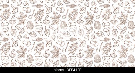Hand drawn seamless pattern with line art style forest mushroom and leaf. Autumn harvest and nature concept illustration for fabric, paper. Stock Vector