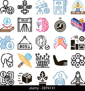 Set of assorted outline and doodle style vector icons illustrating various themes including business, science, technology, transportation, food, medic Stock Vector
