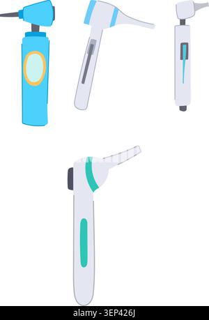 Multiple otoscope medical instruments displayed on a clean white background, creating an illustrative collection of diagnostic tools for ear health an Stock Vector