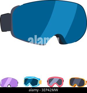 Collection of colorful ski goggles and snowboarding masks for snow protection, featuring a large blue goggle and a smaller row of vibrant headwear for Stock Vector