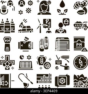 Variety of black glyph icons depicting concepts related to business, people, industry, technology, nature, finance, and daily life, arranged in a grid Stock Vector
