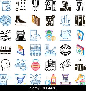 Collecting multiple graphic icon illustrations representing various concepts including business, technology, social issues, and health symbols, arrang Stock Vector