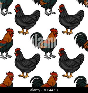 Seamless vector pattern of black hens and colorful roosters on a white background Stock Vector