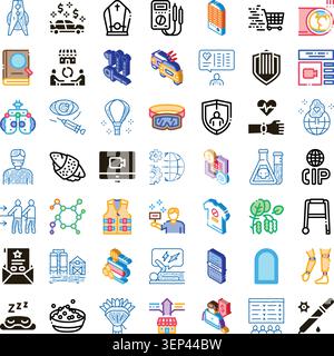 Assorted vector pictogram set showcasing healthcare, technology, finance, travel, security and everyday objects in isometric 3d style for business, ed Stock Vector
