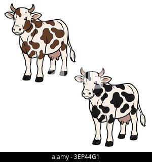 Two cartoon cows, one brown spotted and one black spotted, standing on a white background vector Stock Vector