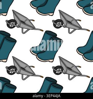 Seamless vector pattern of gardening boots and wheelbarrows, perfect for farm or outdoor themes Stock Vector