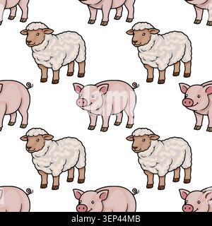 Adorable seamless pattern vector illustration of cute pigs and fluffy sheep on a white background, perfect for kids' designs. Stock Vector