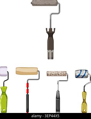 Set of assorted paint rollers and accessories displaying different sizes and designs, illustrating tools for house renovation, decoration, and diy pro Stock Vector
