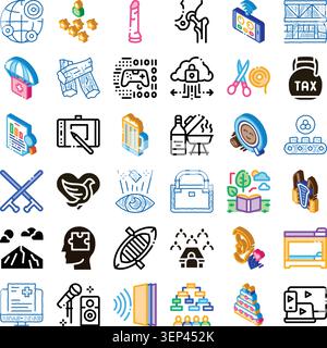 Isometric icons set visualizing a wide range of concepts including business, technology, leisure, education, healthcare, and everyday objects, present Stock Vector