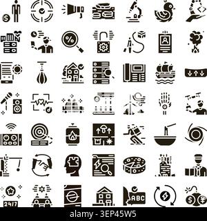 Grid of diverse black glyph icons illustrating various concepts including business, finance, communication, logistics, technology, healthcare, and env Stock Vector