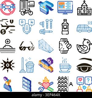 Set of illustrated icons depicting diverse objects and concepts including a no drone zone, bike computer, car service, server rack, and social media i Stock Vector
