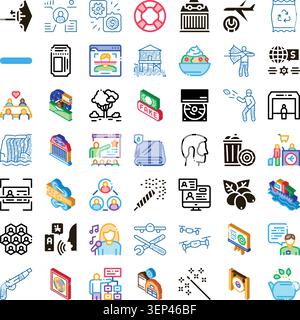 Collection of various colorful and black glyph icons symbolizing concepts related to business, technology, finance, travel, lifestyle, and ecological Stock Vector